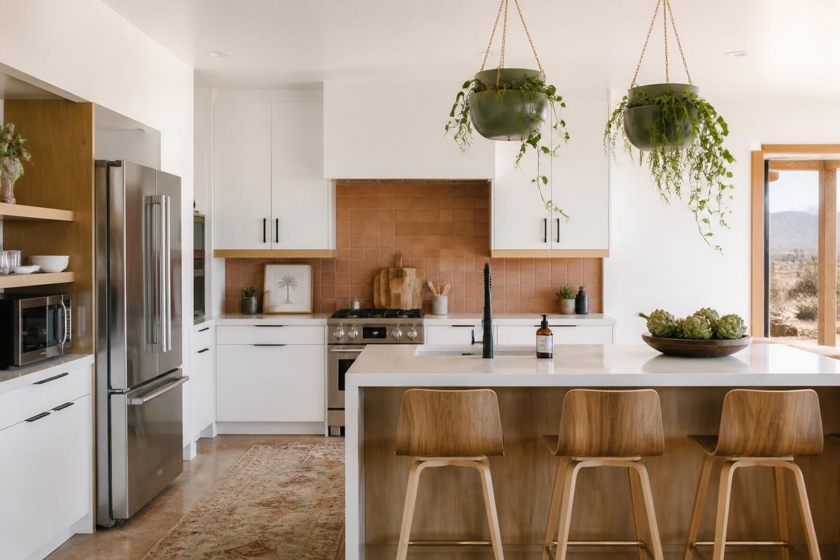 Modern kitchen with island and desert light